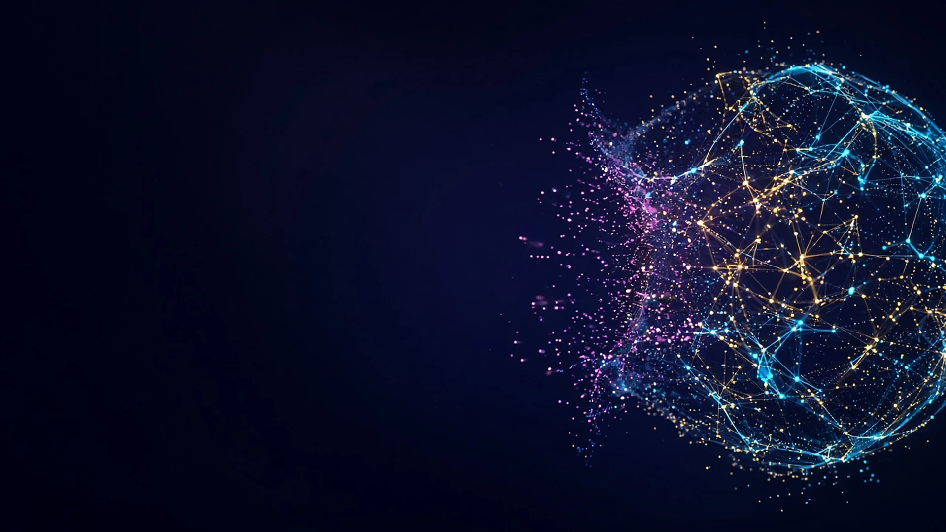 A vast spherical lattice of cyan and gold light nodes unfolds and opens, releasing magenta sparks into a dark navy background.